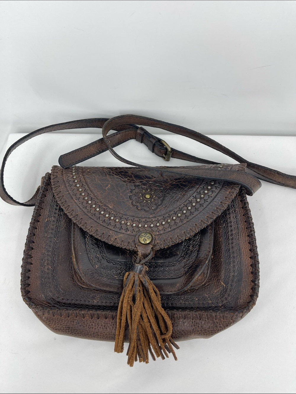 PATRICIA NASH  Brown Leather Crossbody Bag with Tassel VINTAGE